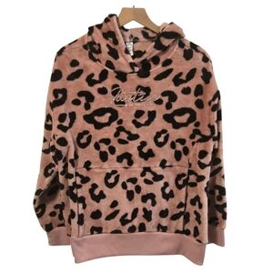 Justice Pink Leopard Print Sherpa Fleece Pullover Hoodie Size 20 22 Plus